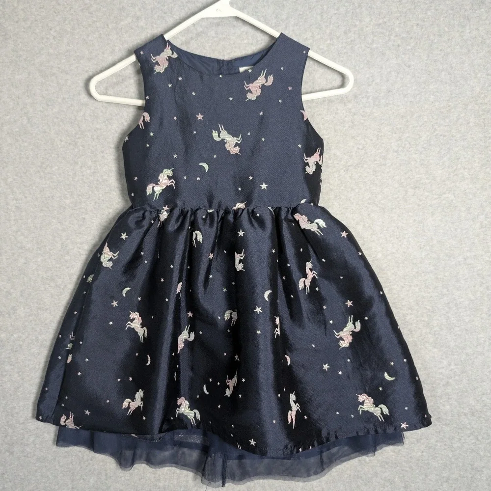 H&M Girls Dress Navy Blue Metallic Unicorn Star Moon Party Size 5-6Y Celestial